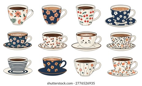 Delightful and extensive collection of twelve diverse ceramic coffee cups and teacups with matching saucers, each featuring unique and charming floral, cherry, or stripe patterns, perfect for cozy beverage moments.