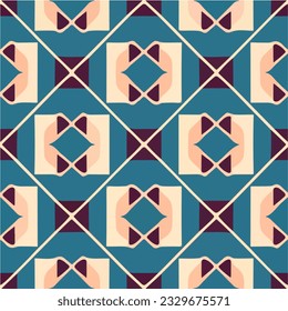 Delightful fabric pattern featuring a combination of blue and pink hues arranged in geometric shapes. The repetitive design makes it ideal for fabrics, while its art deco influences and seamless.