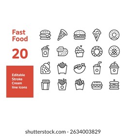Delightful fast food icons bringing joy to design projects featuring editable strokes and a clean