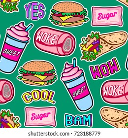 Delightful fast food seamless pattern. Repeating background with sugar packs, canned beverages (carbonated drinks), chicken rolls, burgers, etc. Patches, badges, pins, stickers. Green background.