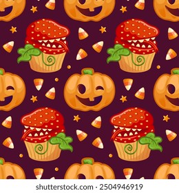 Delightful and festive Halloween themed Seamless pattern showcasing colorful cupcakes and pumpkins. For wallpaper, fabric, wrapping, background.