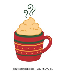A delightful flat illustration of a vibrant red mug featuring horizontal green and gold stripes with a playful dotted pattern. The cup is generously filled with a swirl of rich whipped cream topped by wisps of steam representing a cozy and warm holiday beverage