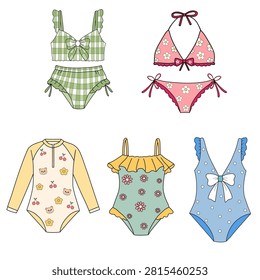 Delightful flat vector clipart collection of women summer swimwear designs. Includes vintage gingham bikinis, floral print swimsuits, long sleeve rash guards, and stylish ruffled beachwear. Ideal for summer apparel catalogs, fashion boutique branding, beach vacation stickers, travel blog graphics, and poolside party invitations.