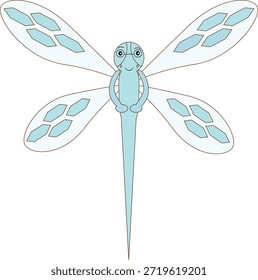 A delightful flat vector illustration of a friendly dragonfly character wearing glasses, designed in a cute kawaii style. The character features intricate geometric wing patterns and a happy smiling face. This versatile mascot is perfect for children's science books, educational posters, nursery room decor, nature-themed stickers, and spring or summer seasonal graphics.