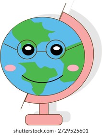 Una deliciosa Ilustración vectorial plana de un personaje mundial con una cara sonriente y gafas. Con un soporte rosa y vibrantes colores verdes y azules del mapa, esta mascota del navegador representa la geografía, los viajes y la educación global. Perfecto para materiales de currículum escolar, App de viaje para niños, y diseños de conciencia ambiental.