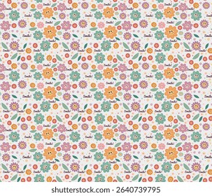 A delightful floral pattern featuring smiling flowers with inspirational words evokes positivity. This cheerful retro design is perfect for wallpaper, textiles, and surface design projects.