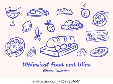 Delightful Food And Wine Clipart Set Tasty and Appetizing Design For Culinary Illustrations