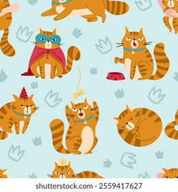 A delightful and fun pattern of cartoon cats displaying various playful expressions along with unique outfits