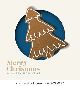 Um delicioso biscoito de árvore de Natal de gengibre com glacê branco, situado contra um fundo de círculo azul, perfeito para uma saudação de Natal festiva. Biscoito de árvore de Natal de gengibre encantador.