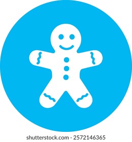 A delightful gingerbread man icon set against a calming blue background, showcasing warm holiday vibes. Perfectly detailed with icing decorations, it brings a festive charm to any Christmas-themed