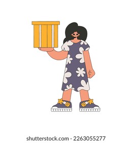 Delightful girl is holding a box in her hands. Parcel and cargo transportation.