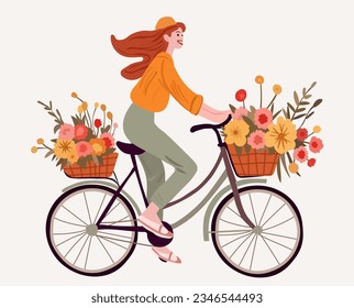Delightful girl pedaling a bike with a basketful of blooms. Lovely woman cycling. Eco mobility concept. Perfect for web, banner, card. Vector illustration.