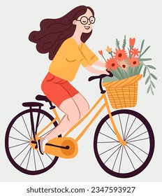 Delightful girl pedaling a bike with a basketful of blooms. Lovely woman cycling. Eco mobility concept. Perfect for web, banner, card. Vector illustration.