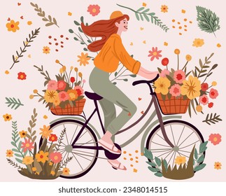 Delightful girl pedaling a bike with a basketful of blooms. Lovely woman cycling. Eco mobility concept. Perfect for web, banner, card. Vector illustration.