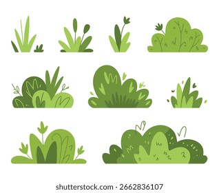 Un encantador conjunto de Vectores de arbustos verdes con exuberante vegetación para diseños de jardines y paisajes naturales. Elementos de ilustración para escenas de naturaleza y fondos.
