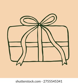 A delightful green gift box adorned with a large bow, illustrated in a playful doodle style against a soft cream background. This festive image perfectly captures the joy of giving, ideal for holiday designs and cards.