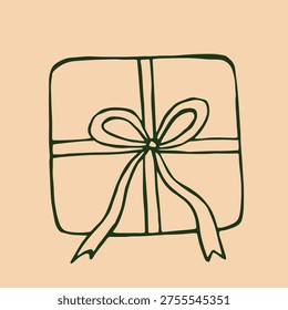 A delightful green gift box adorned with a large bow, illustrated in a playful doodle style against a soft cream background. This festive image perfectly captures the joy of giving, ideal for holiday designs and cards.