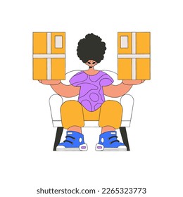 A delightful guy is holding boxes. Parcel and cargo transportation.