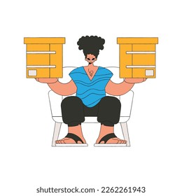 A delightful guy holds boxes in his hands. Understanding the process of parcel and cargo delivery.