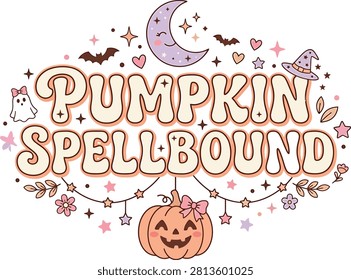 A delightful Halloween vector graphic featuring 'Pumpkin Spellbound' lettering, a cute jack-o'-lantern, bats, and whimsical fall elements for festive designs.