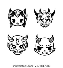 Delightful Hand drawn kawaii oni mask collection set, showcasing cute and charming line art illustrations of traditional Japanese folklore