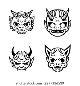 Delightful Hand drawn kawaii oni mask collection set, showcasing cute and charming line art illustrations of traditional Japanese folklore