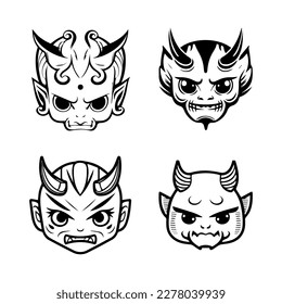 Delightful Hand drawn kawaii oni mask collection set, showcasing cute and charming line art illustrations of traditional Japanese folklore