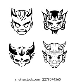 Delightful Hand drawn kawaii oni mask collection set, showcasing cute and charming line art illustrations of traditional Japanese folklore