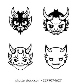 Delightful Hand drawn kawaii oni mask collection set, showcasing cute and charming line art illustrations of traditional Japanese folklore