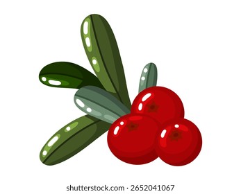 Uma deliciosa ilustração com garatuja desenhada à mão apresentando um aglomerado de cranberries vermelhas brilhantes acompanhadas por folhas verdes escuras. Esta arte digital vibrante é perfeita para temas de outono e inverno, férias