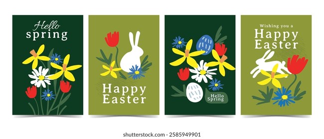 A delightful hand-drawn Easter and spring-themed illustration set featuring floral elements, rabbits, and decorative eggs in a cute style. It creates a fresh and festive seasonal vibe.