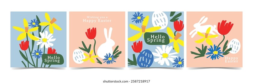 A delightful hand-drawn Easter and spring-themed illustration set featuring floral elements, rabbits, and decorative eggs in a cute style. It creates a fresh and festive seasonal vibe.