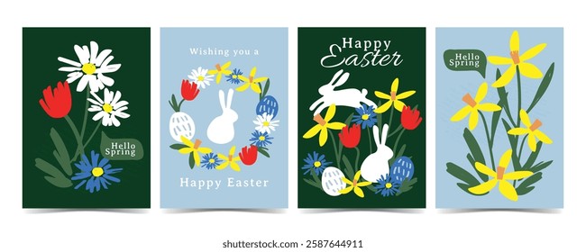 A delightful hand-drawn Easter and spring-themed illustration set featuring floral elements, rabbits, and decorative eggs in a cute style. It creates a fresh and festive seasonal vibe.