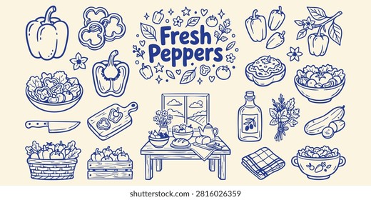 Delightful hand-drawn elements depicting wholesome ingredients and a country kitchen scene ideal for culinary or lifestyle branding.