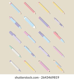 A delightful hand-drawn flat illustration set featuring pastel-colored pens and pencils. Includes various stationery items like ballpoint pens, highlighters, drawing pencils, and more—perfect for scho