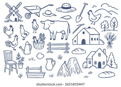 Delightful hand-drawn illustration featuring a charming farm life scene complete with a windmill, various livestock, a bountiful harvest, and essential agricultural tools perfect for a rustic