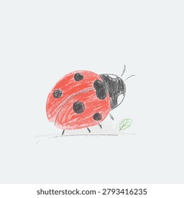 A delightful, hand-drawn illustration of a ladybug, showcasing its iconic red shell with black spots and delicate antennae, rendered with a childlike simplicity.