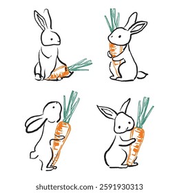 A delightful hand-drawn line art illustration featuring adorable bunnies interacting with carrots in a playful and minimalist style. Perfect for Easter, children's designs, greeting cards, and digital