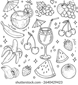 A delightful hand-drawn sketch collection of summer fruits and tropical cocktails. This black and white line art set features bananas, cherries, watermelon, and refreshing drinks in a fun doodle style