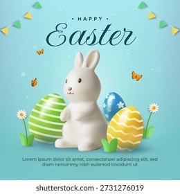 A delightful Happy Easter 3D illustration shows a friendly white bunny rabbit standing among colorful decorated eggs, spring flowers, and festive banners set against a bright blue background.