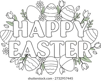 A delightful happy easter coloring page with eggs, flowers, and cheerful spring elements