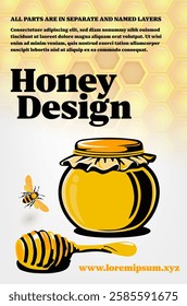 Delightful honey design featuring jar, honey dipper and bee, perfect for representing natural sweetness and artisanal honey production in creative way. Vector illustration.