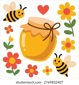 Delightful Honey Theme Composition with Cheerful Bees Sunflower Lavender and a Honey Jar