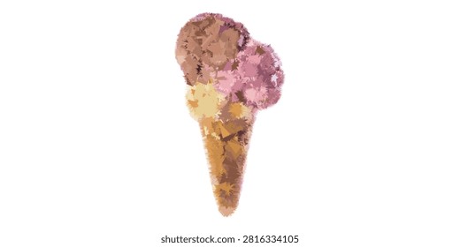 A delightful ice cream cone featuring three scoops of different flavors, including chocolate, strawberry, and vanilla, presented on a clean white background.