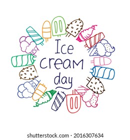 Delightful Ice Cream Day: Explore this stock vector featuring hand-drawn lettering for 'Ice Cream Day' along with a charming collection of illustrated ice cream treats on a white background.