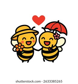 A delightful illustration of a bee couple, one holding a flower and the other an umbrella, under a heart. Perfect for love, romance, and Valentine's Day themes.