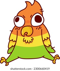 Delightful illustration captures the humorous and playful nature of a parrot making a silly face and sitting with its legs spread. Its colorful feathers and mischievous expression add to the whimsy of