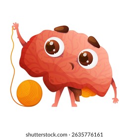 A delightful illustration of a cartoon brain character engrossed in playful activities. The brain is creatively engaged with a vibrant ball of yarn.