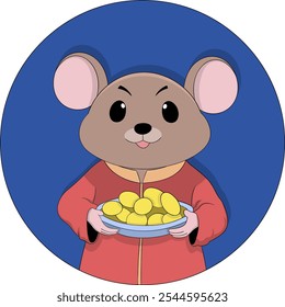 A delightful illustration of a cartoon mouse dressed in a traditional Chinese outfit, holding a bowl of gold coins against a blue circular background