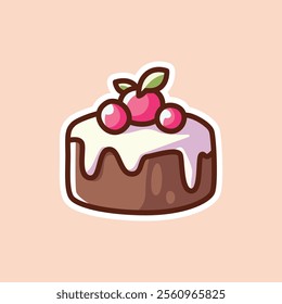 A delightful illustration of a chocolate cake with dripping white icing and topped with three vibrant cherries. Perfect for culinary, dessert, and bakery-themed designs